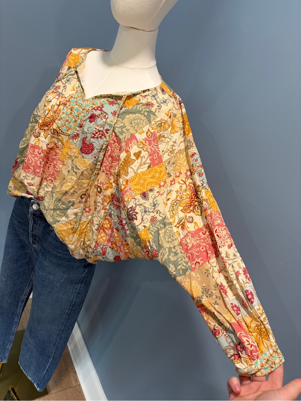Mittoshop Patchwork Floral Boho Blouse Size S/M Peasant Top Cottagecore
